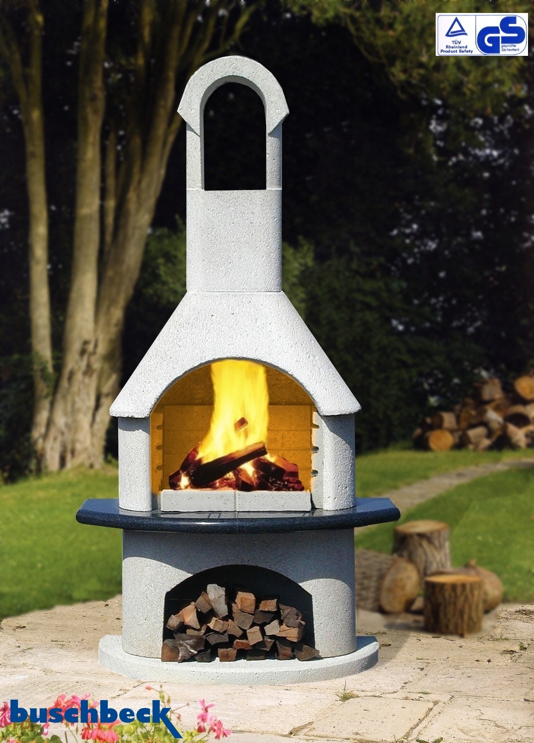 Buschbeck Grillkamin: Gartenkamin Ambiente weiß mit Granitplatte