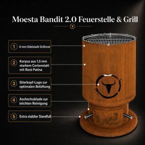 Moesta Bandit 2.0 FirePlace - Feuertonne aus Cortenstahl - mit Grillrost & 4 Ablagen oben schwarz - Hover